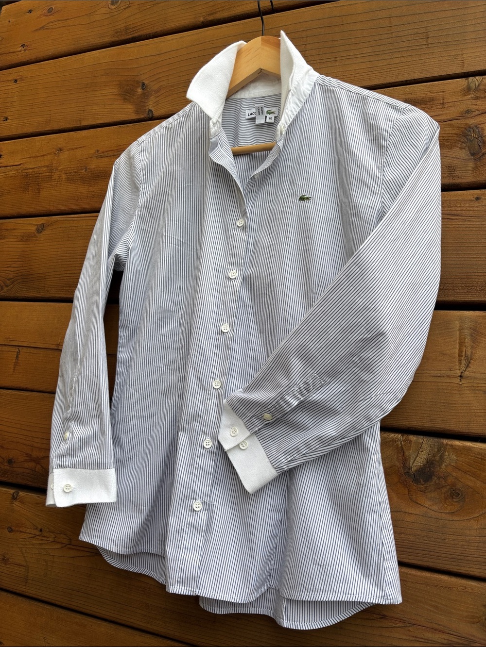 Lacoste Women’s White and Blue Pinstripe Dress Shirt